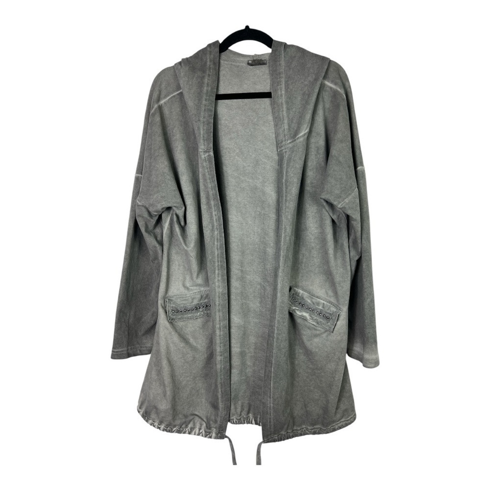 Suzy D Gray Hooded Cardigan Cotton Blend Stud Detail Pockets Sz M/L